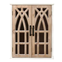 LuxenHome Farmhouse White And Natural MDF Wood Cathedral-Style 2-Door Wall Cabinet