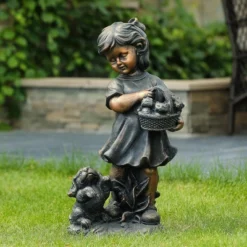 LuxenHome 23.31" Bronze MgO Girl Holding Basket Of Kittens With Puppy Garden Statue