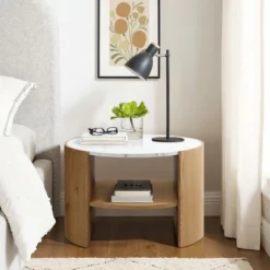 LuxenHome Natural Finish Manufactured Wood 23.6-Inch Round Coffee Table With Faux Marble Top Brown 11 LuxenHome Natural Finish Manufactured Wood 23.6-Inch Round Coffee Table With Faux Marble Top Brown -LuxenHome GUEST a544d3c9 6592 4670 9322 66ee596e8092