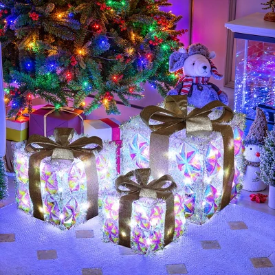 LuxenHome 3-Piece Prism Gift Boxes With Gold Ribbon Holiday Decoration With Lights Multicolored, Gold, White 4 LuxenHome 3-Piece Prism Gift Boxes With Gold Ribbon Holiday Decoration With Lights Multicolored, Gold, White - Image 4