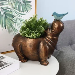 LuxenHome Brown Hippo And Blue Bird MgO Flower Pot Planter