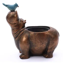 LuxenHome Brown Hippo And Blue Bird MgO Flower Pot Planter -LuxenHome GUEST a8ce3c8d a198 40ed a4d9 04f671f91fc3