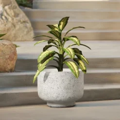 LuxenHome Rustic Planter – White & Gray Round MgO Pot With Drainage Plug