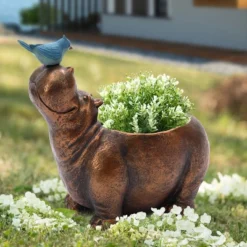 LuxenHome Brown Hippo And Blue Bird MgO Flower Pot Planter -LuxenHome GUEST a9f59e61 32de 4486 b493 1064a08ea1b1