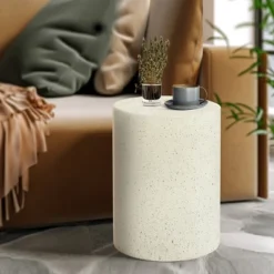 LuxenHome White And Speckled Gray Cement Round Indoor Outdoor Side Table -LuxenHome GUEST ab1f85c3 6815 4bb2 9fb8 fc13285e5246