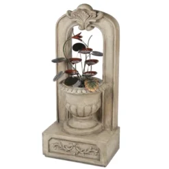 LuxenHome 40.35 In. H Arched Cement Urn With Metal Flowers Outdoor Fountain Beige -LuxenHome GUEST ab55bc35 0cb2 458e 8428 69d18c435119