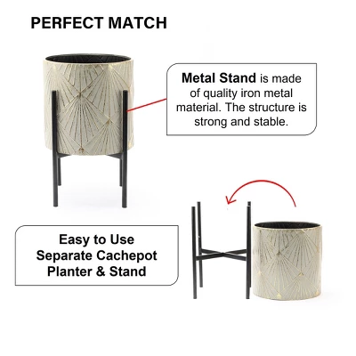 LuxenHome Set Of 3 Gray And Gold Metal Cachepot Planters With Black Stand 8 LuxenHome Set Of 3 Gray And Gold Metal Cachepot Planters With Black Stand - Image 8