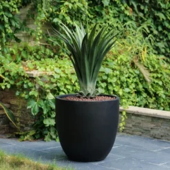 LuxenHome 17.2" Round Tapered Black Planter, Magnesium Oxide Pot For Indoor/Outdoor Use