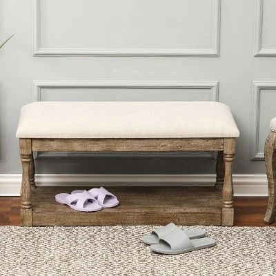 LuxenHome Upholstered Beige Linen Entryway And Bedroom Bench. 4 LuxenHome Upholstered Beige Linen Entryway And Bedroom Bench. - Image 4