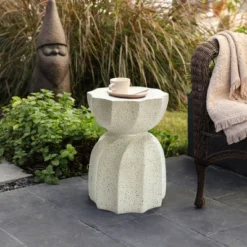 LuxenHome Off White With Gray Cement Hourglass Side Table