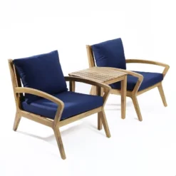 LuxenHome Outdoor Acacia Wood Side Table And Set Of 2 Armchairs With Blue Cushions -LuxenHome GUEST b0babca1 7e32 47aa bf89 82e87b872ff2