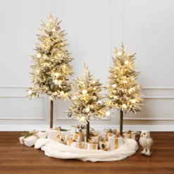 LuxenHome 3-Piece Pre-Lit Snowy Branches Artificial Christmas Tree Set With Metal Base Green -LuxenHome GUEST b0cc7af6 22cb 43e8 ba69 6c900dfdeda2