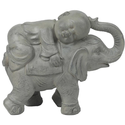 LuxenHome 14.5" Gray MgO Buddha Monk And Elephant Garden Statue 2 LuxenHome 14.5" Gray MgO Buddha Monk And Elephant Garden Statue - Image 2