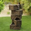 LuxenHome Brown Cement Tiered Crates Patio Fountain, Rustic Outdoor Water Feature For Gardens & Yards