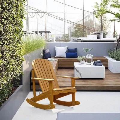 LuxenHome Natural Brown Wood Outdoor Adirondack Rocking Chair 4 LuxenHome Natural Brown Wood Outdoor Adirondack Rocking Chair - Image 4