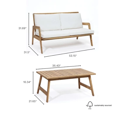 LuxenHome Outdoor Acacia Wood Coffee Table And Loveseat With Cushions 7 LuxenHome Outdoor Acacia Wood Coffee Table And Loveseat With Cushions - Image 7
