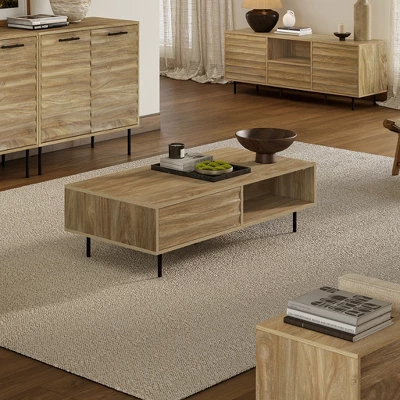 LuxenHome Mid-Century Modern Coffee Table, Wave Design Wood Table With Metal Legs, Drawer & Shelf, Farmhouse Accent Table For Living Room Brown 2 LuxenHome Mid-Century Modern Coffee Table, Wave Design Wood Table With Metal Legs, Drawer & Shelf, Farmhouse Accent Table For Living Room Brown - Image 2