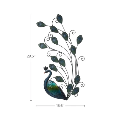 LuxenHome Blue And Green Peacock Metal And Glass Wall Decor, Indoor And Outdoor Decor.. 5 LuxenHome Blue And Green Peacock Metal And Glass Wall Decor, Indoor And Outdoor Decor.. - Image 5