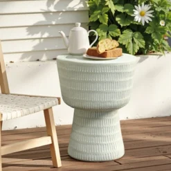 LuxenHome Outdoor Side Table, 15" Off White Round Spiral Pattern End Table,Accent Side Table For Outdoor And Indoor,Living Room,Backyard Off-White -LuxenHome GUEST b5253ec9 c1e9 4745 ae22 cc5a2b57d71a