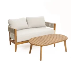 LuxenHome Outdoor Acacia Wood With Rope Sides Club Loveseat With Cushions And Coffee Table -LuxenHome GUEST b755ddd1 11c9 434c b07a 8b3d08cee5be