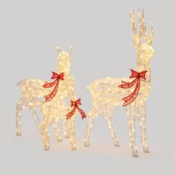 LuxenHome 3-Piece Deer Family Outdoor Holiday Decoration Set With Lights And Timer White, Red -LuxenHome GUEST b7f73afd 1250 4d36 baee f92a27531745