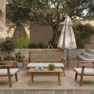 LuxenHome Outdoor Acacia Wood Rope Back Loveseat With Cushions And Coffee Table Set 3 LuxenHome Outdoor Acacia Wood Rope Back Loveseat With Cushions And Coffee Table Set - Image 3