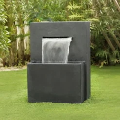 LuxenHome 32" H Resin Modern Waterfall Outdoor Fountain With Planter, Outdoor Water Fountain Indoor And Outdoor Use Gray -LuxenHome GUEST b8375d70 0914 40f9 91e1 dd9537a3a014