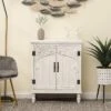 LuxenHome Farmhouse White Wood 2-Door Accent Storage Cabinet.