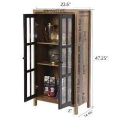 LuxenHome Natural Wood Glass Doors 47.25" H Accent Curio Storage Cabinet. -LuxenHome GUEST b96ce1b1 b37c 4625 866a 3cbb68cc1be9