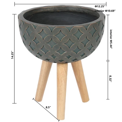 LuxenHome Butterfly Embossed Brown 12.25" Round MgO Planter With Wood Legs 4 LuxenHome Butterfly Embossed Brown 12.25" Round MgO Planter With Wood Legs - Image 4