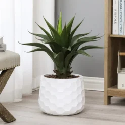 LuxenHome White MgO Geometric Design 12.2-inch Round Indoor Outdoor Planter -LuxenHome GUEST be2f46b5 4662 47a2 a79f e6f53fc4f15f