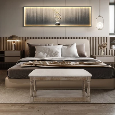 LuxenHome Upholstered Beige Linen Entryway And Bedroom Bench. 1 LuxenHome Upholstered Beige Linen Entryway And Bedroom Bench.