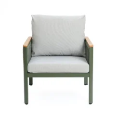 LuxenHome Outdoor Aluminum With Wood-Style Plastic Armchairs With Cushions, Set Of 2 -LuxenHome GUEST be766dc7 8fe8 4889 ae79 e8bb932070b6