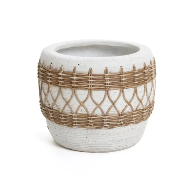 LuxenHome Boho MgO Planter – White Round Pot With Brown Accents & Drainage Hole 8 LuxenHome Boho MgO Planter – White Round Pot With Brown Accents & Drainage Hole - Image 8