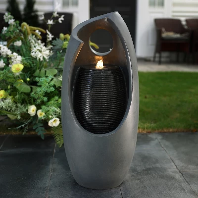 LuxenHome 28.5" Gray Resin Curve Column Sculpture Outdoor Water Fountain With Lights, Garden Waterfall Fountains Indoor And Outdoor Use 1 LuxenHome 28.5" Gray Resin Curve Column Sculpture Outdoor Water Fountain With Lights, Garden Waterfall Fountains Indoor And Outdoor Use