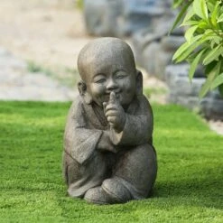 LuxenHome 15" Weathered Brown MgO Quiet Little Buddha Monk Garden Statue