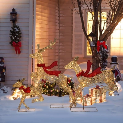 LuxenHome 3-Piece Champagne Gold PET Running Deer Family Outdoor Holiday Decoration With Lights Brown, Red 4 LuxenHome 3-Piece Champagne Gold PET Running Deer Family Outdoor Holiday Decoration With Lights Brown, Red - Image 4