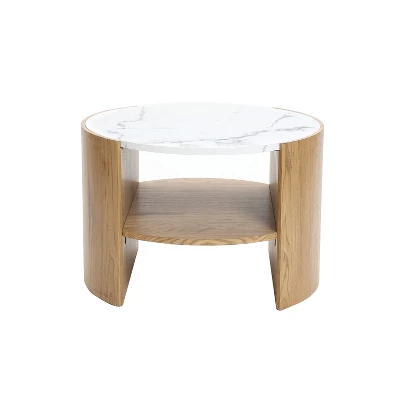 LuxenHome Natural Finish Manufactured Wood 23.6-Inch Round Coffee Table With Faux Marble Top Brown 4 LuxenHome Natural Finish Manufactured Wood 23.6-Inch Round Coffee Table With Faux Marble Top Brown - Image 4