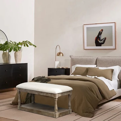 LuxenHome Upholstered Beige Linen Entryway And Bedroom Bench. 6 LuxenHome Upholstered Beige Linen Entryway And Bedroom Bench. - Image 6