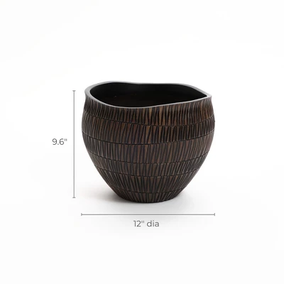 LuxenHome Brown With Black V-Pattern Polyresin 12-Inch Round Planter 7 LuxenHome Brown With Black V-Pattern Polyresin 12-Inch Round Planter - Image 7