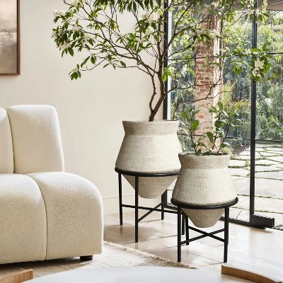 LuxenHome Set Of 2 Indoor Planter Pot, 11 & 16 Inch Novelty Decorative Planters With Black Stands, Distressed Metal Cachepot Flower Pot Beige 3 LuxenHome Set Of 2 Indoor Planter Pot, 11 & 16 Inch Novelty Decorative Planters With Black Stands, Distressed Metal Cachepot Flower Pot Beige - Image 3