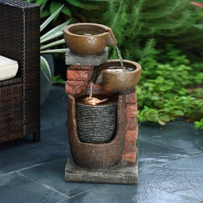 LuxenHome 23" H Bowls And Bricks Resin Outdoor Fountain With Lights Brown 5 LuxenHome 23" H Bowls And Bricks Resin Outdoor Fountain With Lights Brown - Image 5