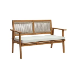 LuxenHome Outdoor Acacia Wood Rope Back 4-Piece Patio Seating With Cushions And Coffee Table Set -LuxenHome GUEST ca1380ff 31b9 40f0 836a f004d312f1e3