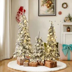 LuxenHome 3-Piece Flocked Artificial Tree Set With Lights And Metal Stand Green -LuxenHome GUEST cc4d0f70 27c9 43a7 b042 c913e72062bb