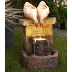 LuxenHome Farmhouse Ducks Outdoor Resin Fountain With Lights Brown