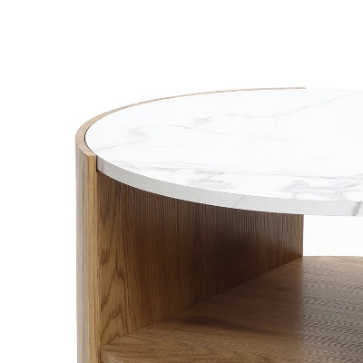 LuxenHome Natural Finish Manufactured Wood 23.6-Inch Round Coffee Table With Faux Marble Top Brown 8 LuxenHome Natural Finish Manufactured Wood 23.6-Inch Round Coffee Table With Faux Marble Top Brown - Image 8