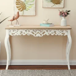 LuxenHome Victorian Off White And Natural Wood Console And Entry Table