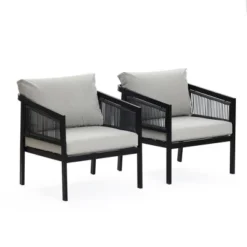 LuxenHome Outdoor Black Steel With PE Rope Armchairs With Cushions, Set Of 2 -LuxenHome GUEST ce9eedfb eac8 4ab7 8889 5ba2fd937b2b