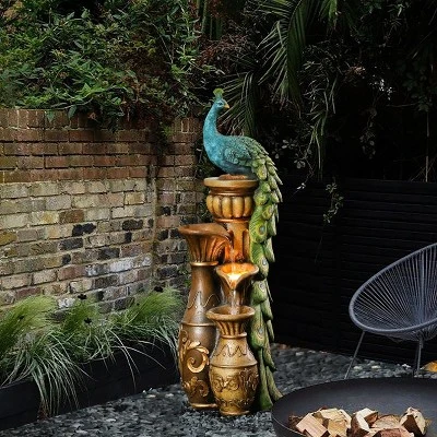 LuxenHome Peacock And Urns Resin Outdoor Fountain With LED Lights 1 LuxenHome Peacock And Urns Resin Outdoor Fountain With LED Lights