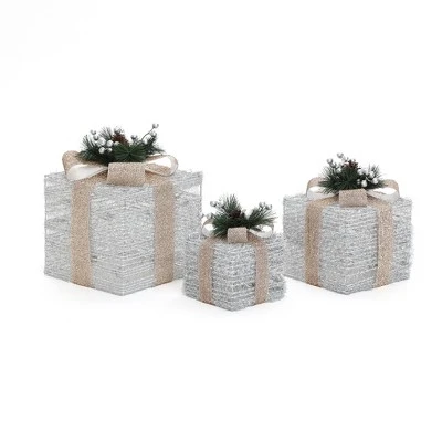 LuxenHome 3-Pc Lighted Silver Tinsel Gift Box Set With Champagne Ribbon, Outdoor Holiday Decoration Silver, Champagne, Green 6 LuxenHome 3-Pc Lighted Silver Tinsel Gift Box Set With Champagne Ribbon, Outdoor Holiday Decoration Silver, Champagne, Green - Image 6